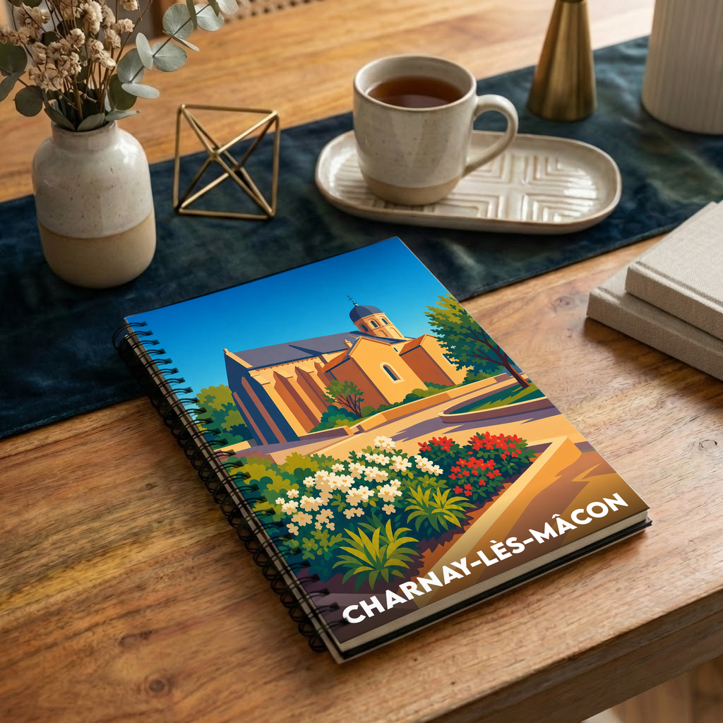 Carnet à spirales souvenir de la ville de Charnay-lès-Mâcon avec une illustration stylisée de son église et de jardins fleuris.