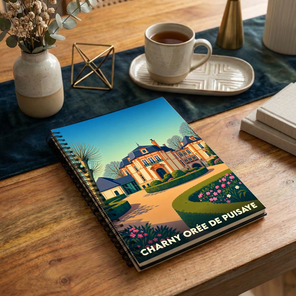 Carnet à spirales souvenir de Charny Orée de Puisaye illustré d'un château dans un style rétro et coloré.