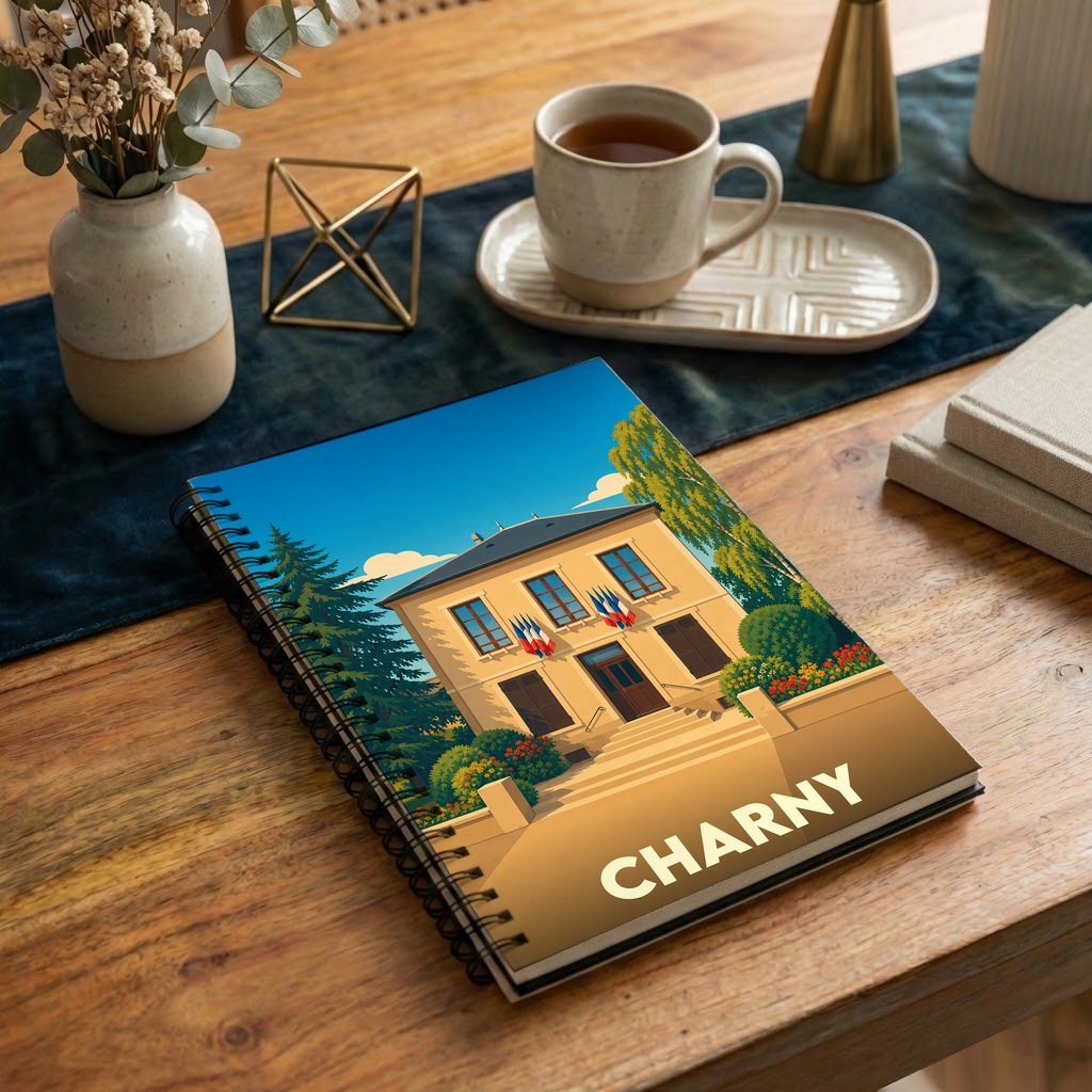 Carnet à spirales souvenir de la ville de Charny avec une illustration stylisée de sa mairie.