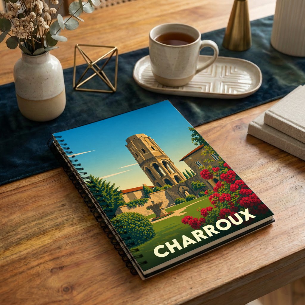 Carnet à spirale souvenir de la ville de Charroux orné d'une illustration stylisée de son abbaye et de fleurs rouges.