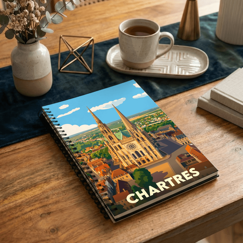 Carnet souvenir de la ville de Chartres avec une illustration stylisée de sa cathédrale.