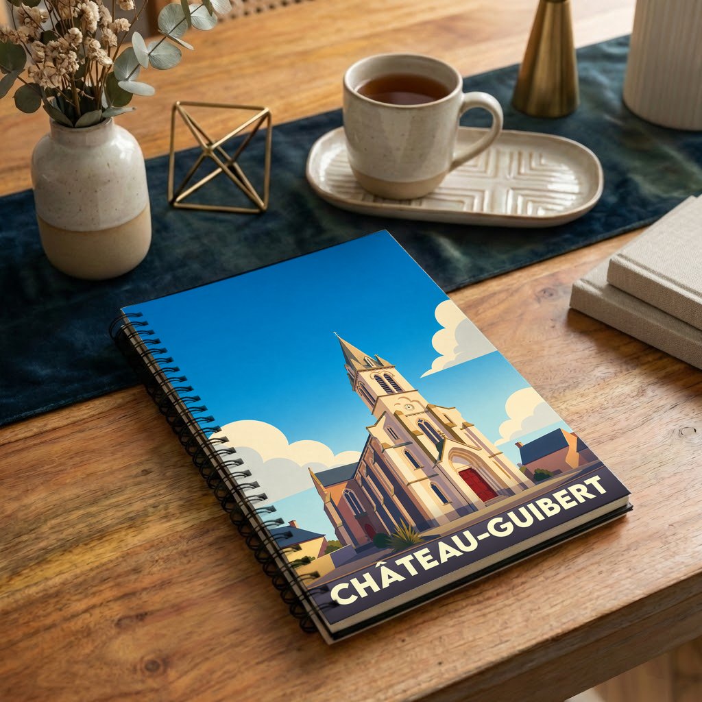 Carnet à spirales souvenir de Château-Guibert illustré d'un dessin stylisé de son église sous un ciel bleu.