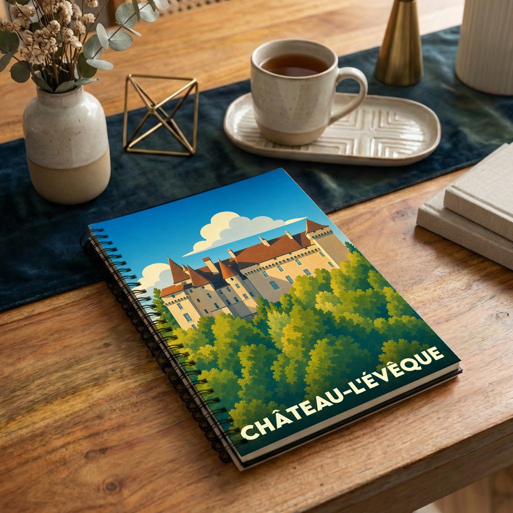 Carnet à spirales souvenir de la ville de Château-l'Évêque avec une illustration stylisée de son château.