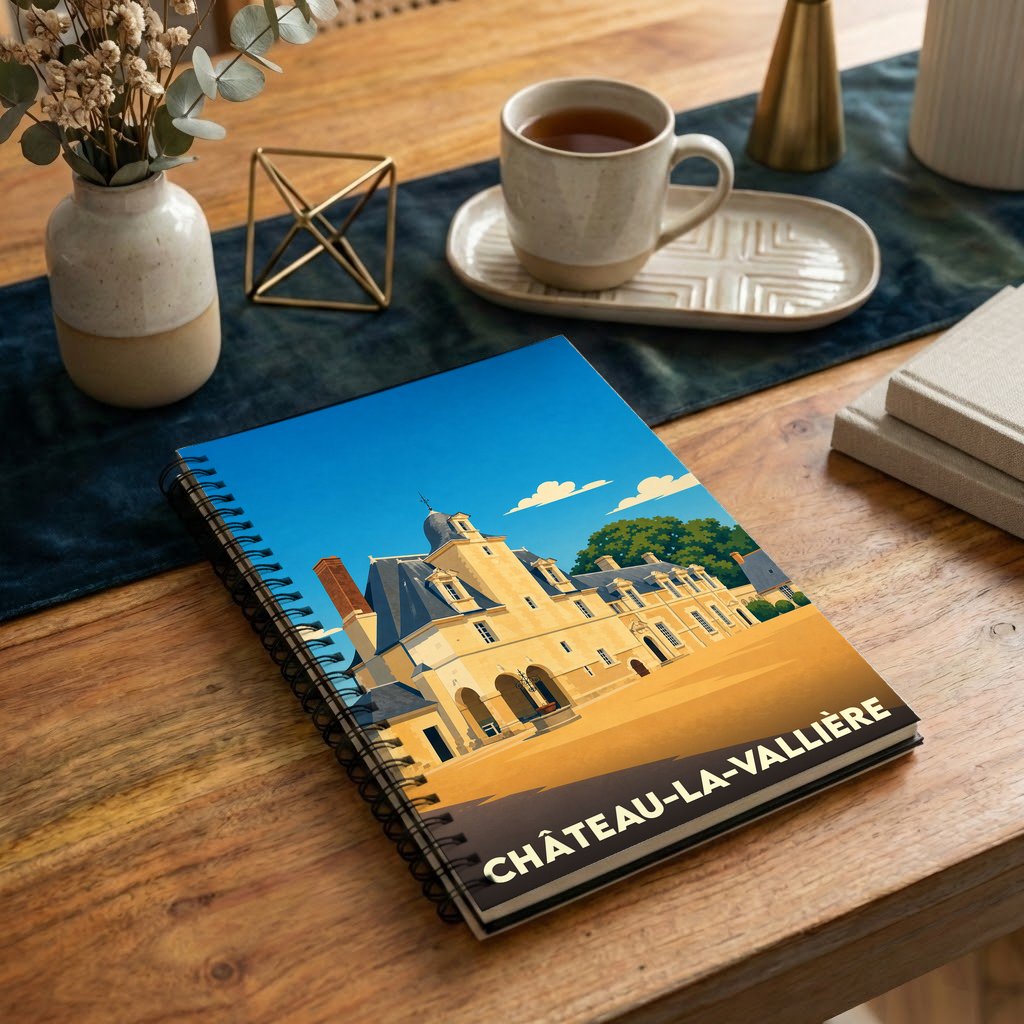 Carnet à spirales souvenir de la ville de Château-la-Vallière avec une illustration stylisée de son château.