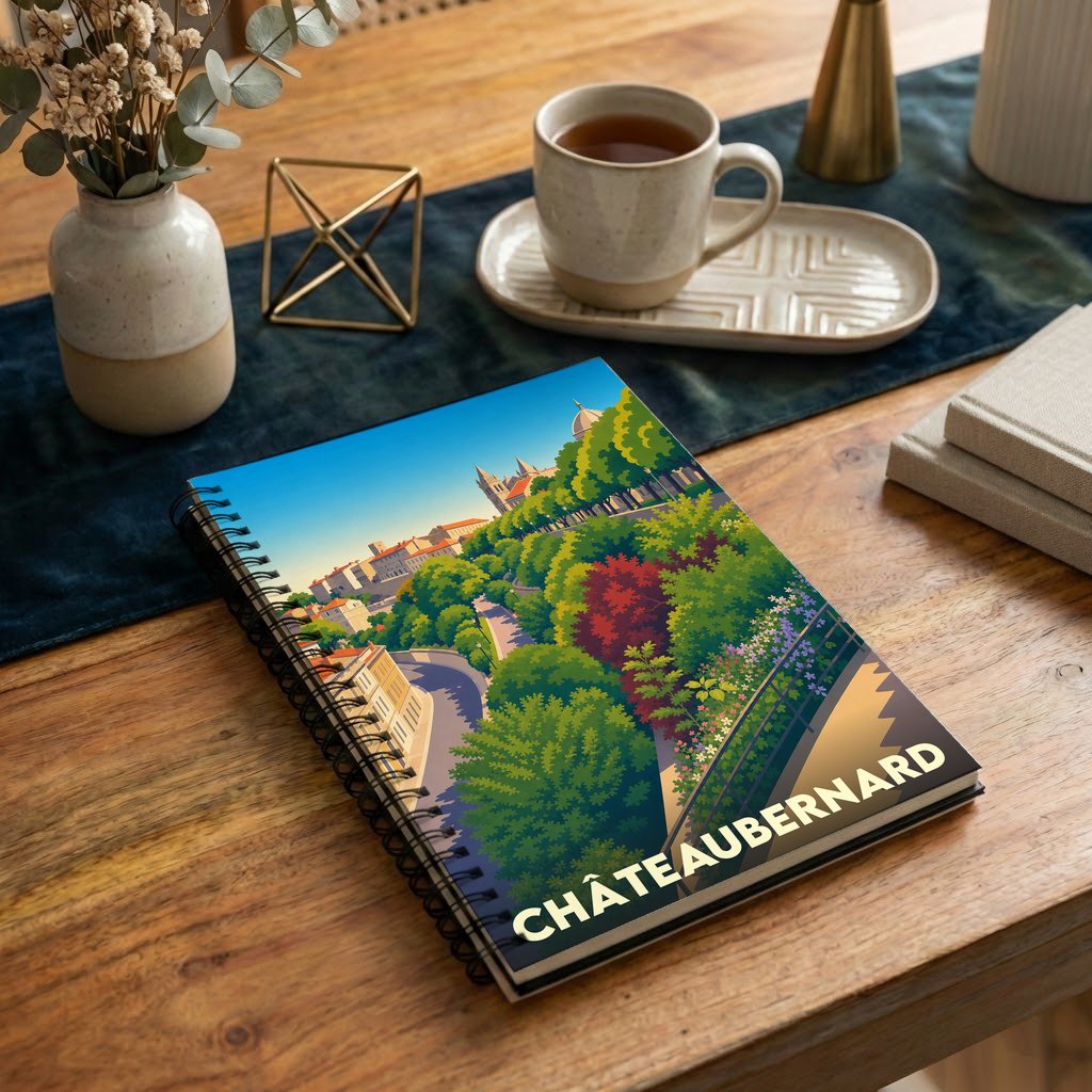 Carnet à spirales souvenir de la ville de Châteaubernard avec une illustration paysagère stylisée.