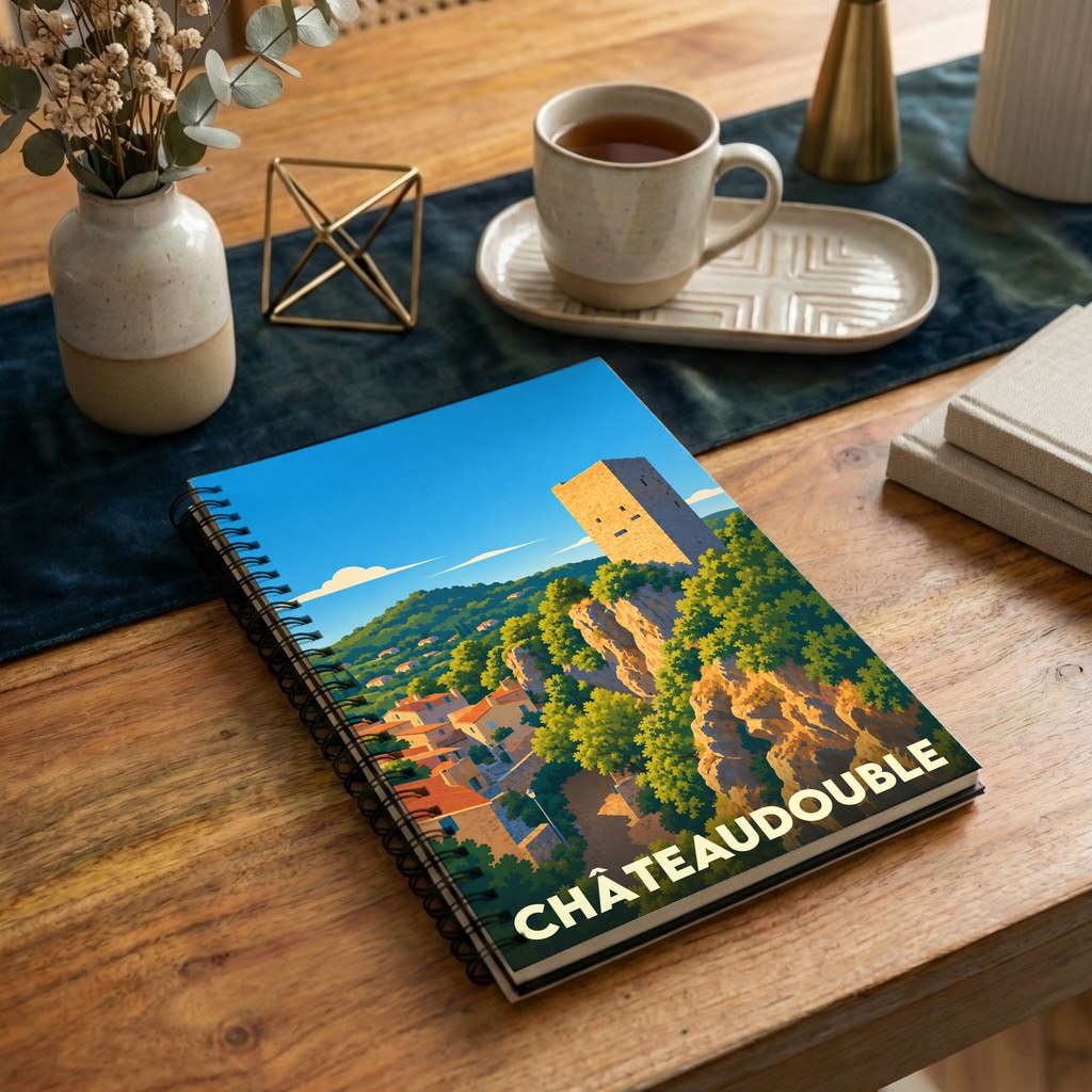 Carnet souvenir à spirale de la ville de Châteaudouble avec une illustration stylisée de son village perché.