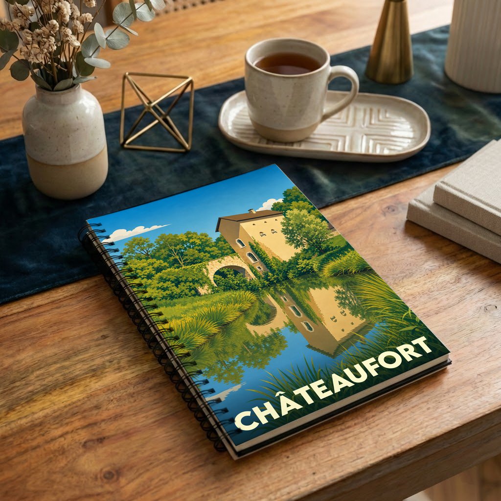 Carnet à spirales souvenir de la ville de Châteaufort illustré d'un paysage stylisé avec son château se reflétant dans l'eau.