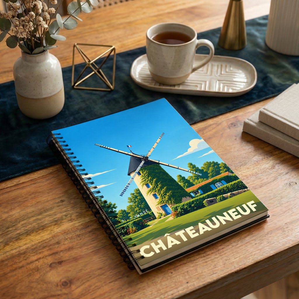 Carnet de notes à spirales souvenir de Châteauneuf avec une illustration stylisée de son moulin à vent.