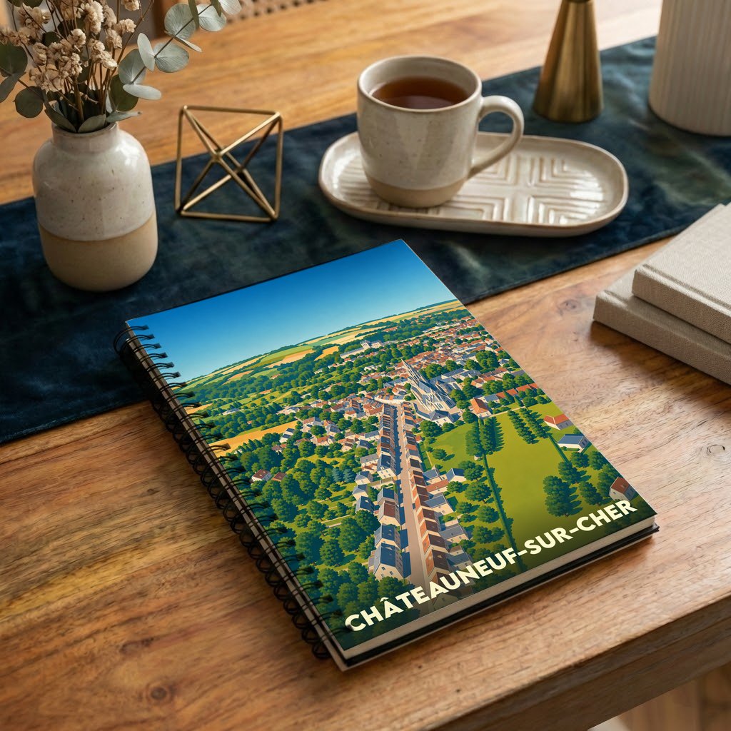 Carnet à spirales souvenir de la ville de Châteauneuf-sur-Cher avec une illustration aérienne stylisée.