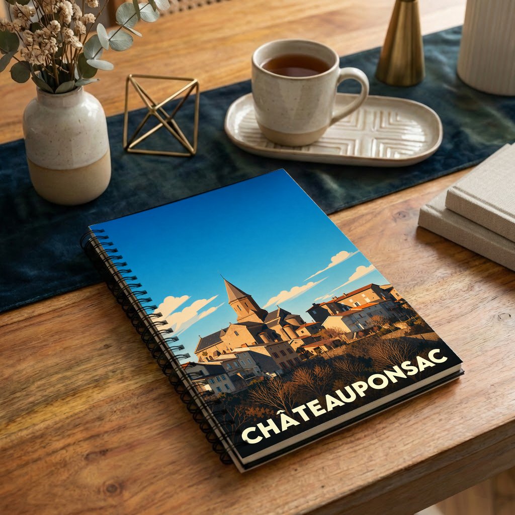 Carnet à spirales souvenir de la ville de Châteauponsac avec une illustration stylisée.