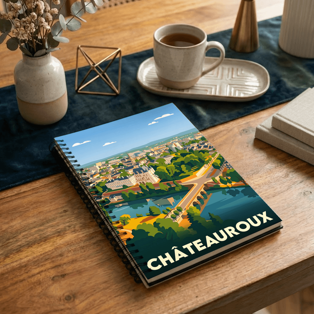 Carnet souvenir de la ville de Châteauroux avec une illustration stylisée de son paysage urbain.