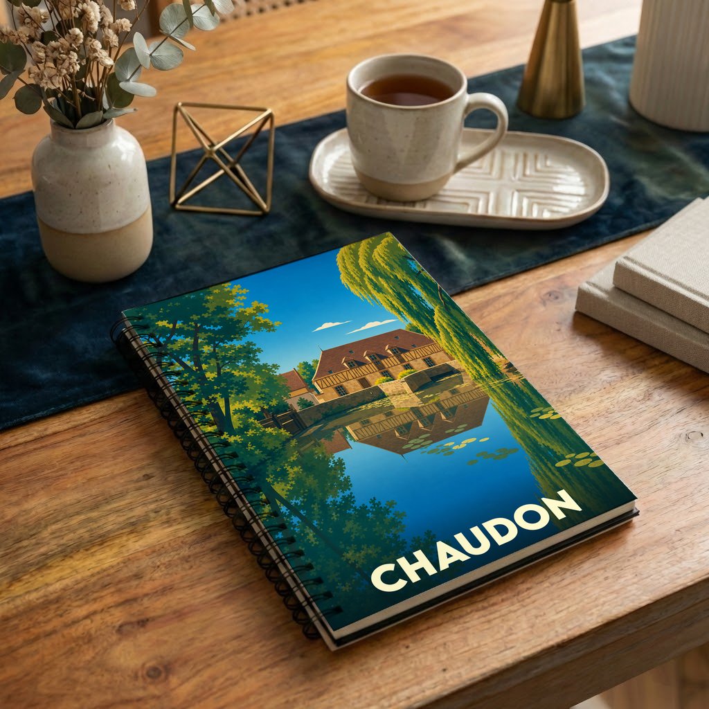 Carnet souvenir de la ville de Chaudon avec une illustration stylisée d'un bâtiment au bord de l'eau.