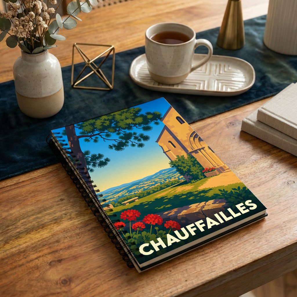 Carnet souvenir de la ville de Chauffailles avec une illustration stylisée d'un paysage local.