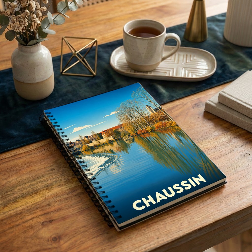 Carnet à spirales souvenir de la ville de Chaussin illustré d'un paysage automnal au bord de l'eau.