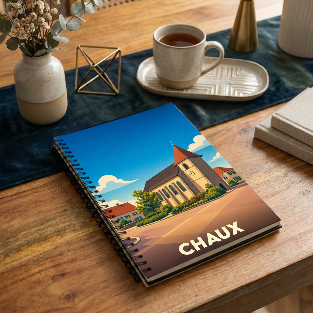 Carnet souvenir de la ville de Chaux avec une illustration stylisée d'une église sous un ciel bleu.
