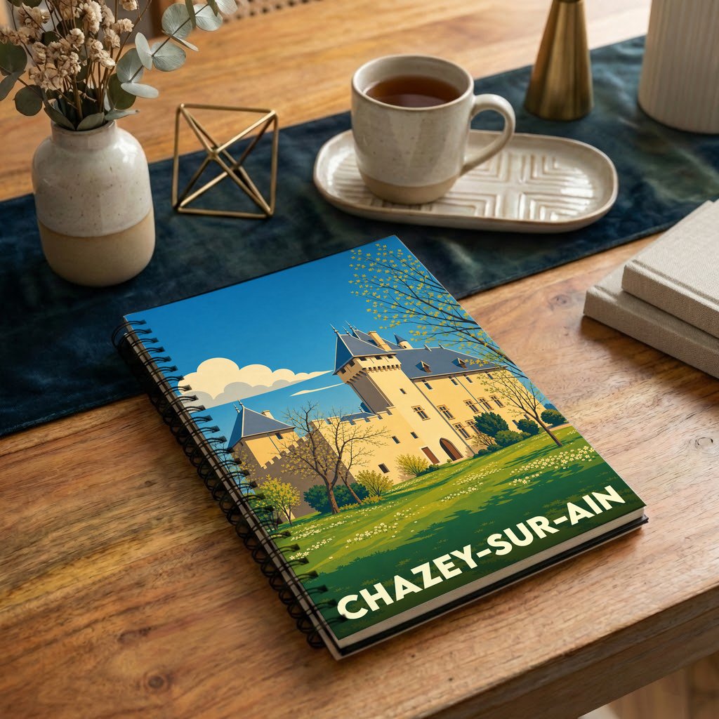 Carnet à spirales souvenir de la ville de Chazey-sur-Ain avec une illustration stylisée de son château.
