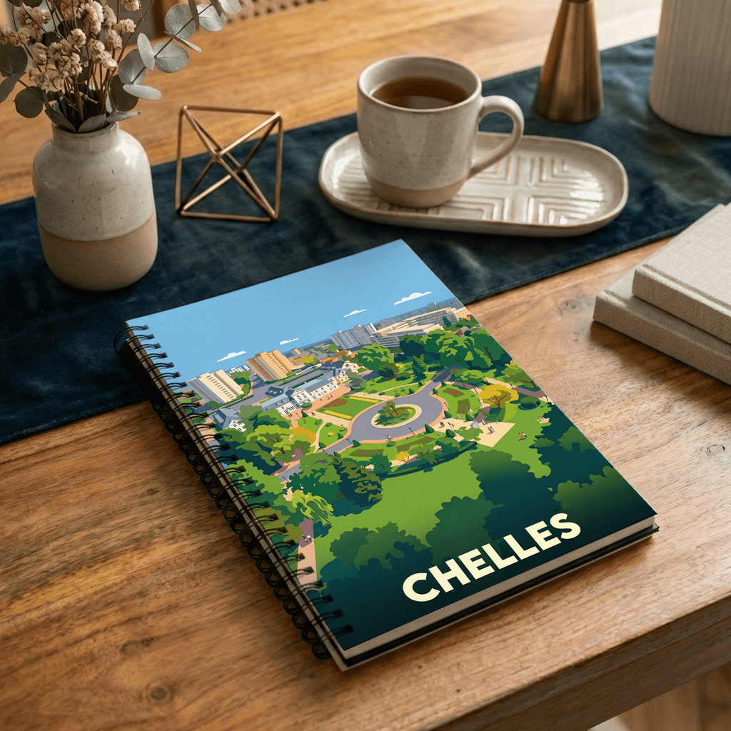 Carnet souvenir de la ville de Chelles avec une illustration stylisée.