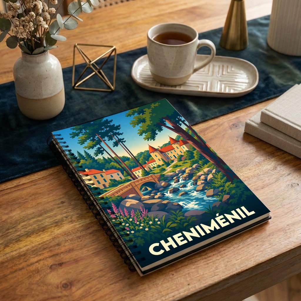 Carnet à spirales souvenir de la ville de Cheniménil avec une illustration stylisée d'un paysage pittoresque.