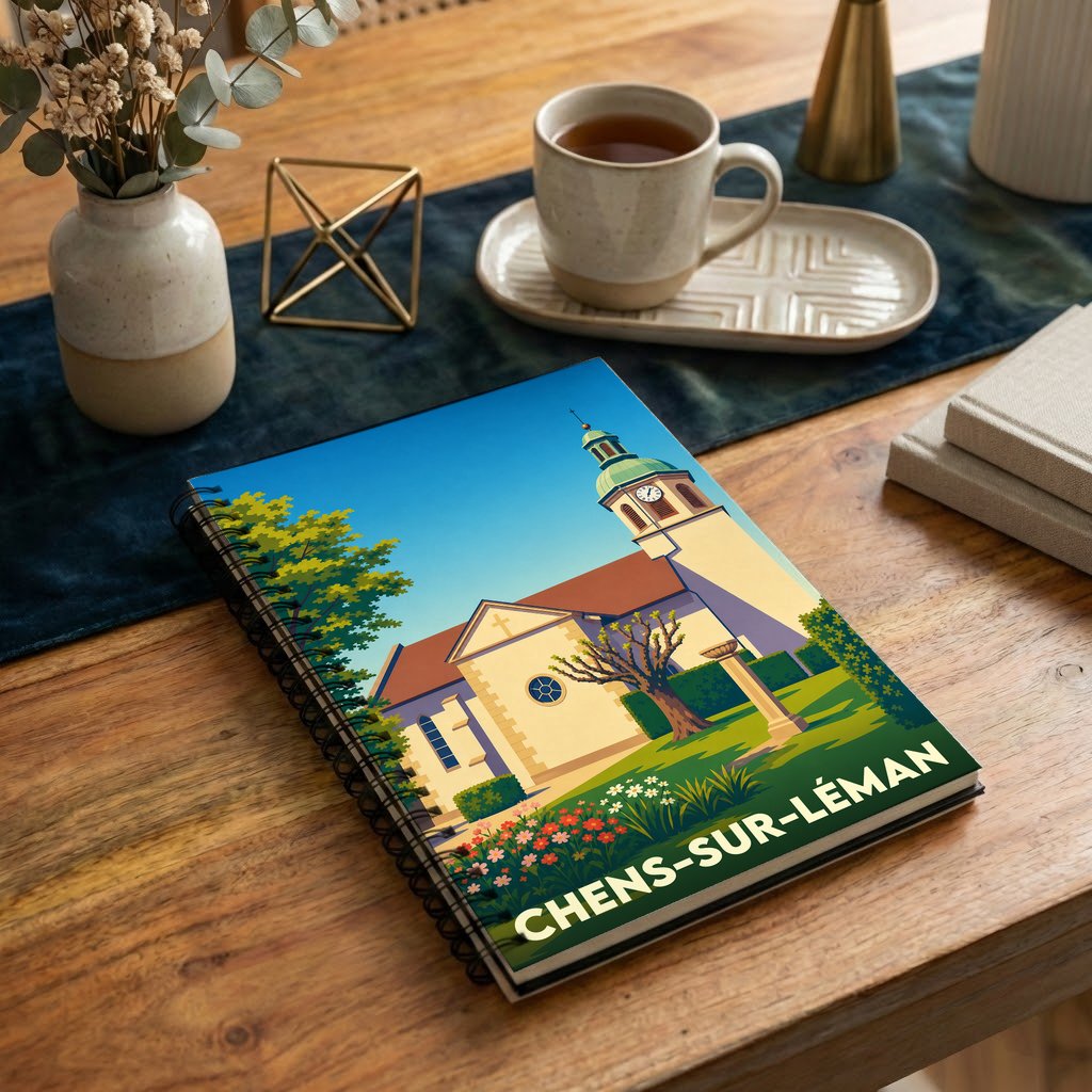 Carnet à spirales souvenir de Chens-sur-Léman avec une illustration stylisée de son église.