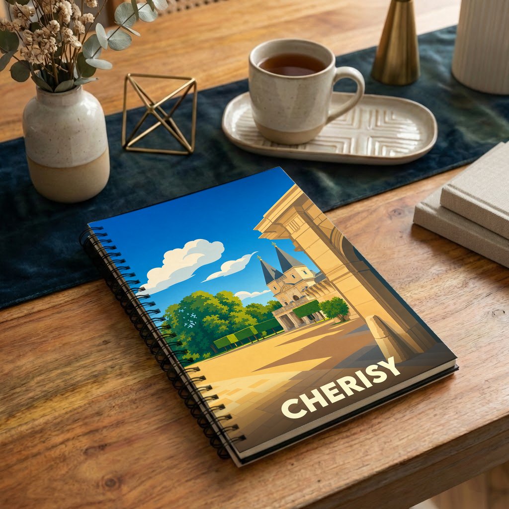 Carnet souvenir de la ville de Cherisy avec une illustration stylisée d'un château sous un ciel bleu.