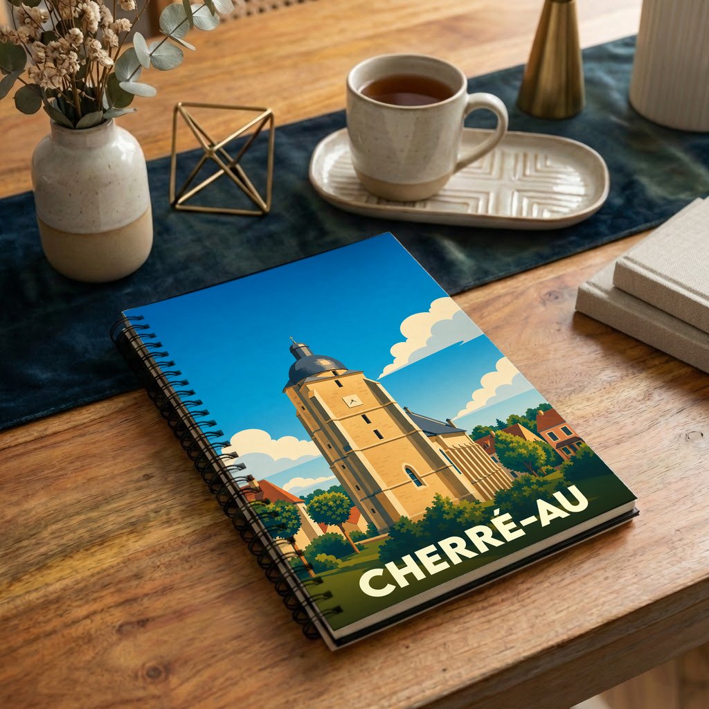 Carnet souvenir de la ville de Cherré-Au avec une illustration stylisée de son église.