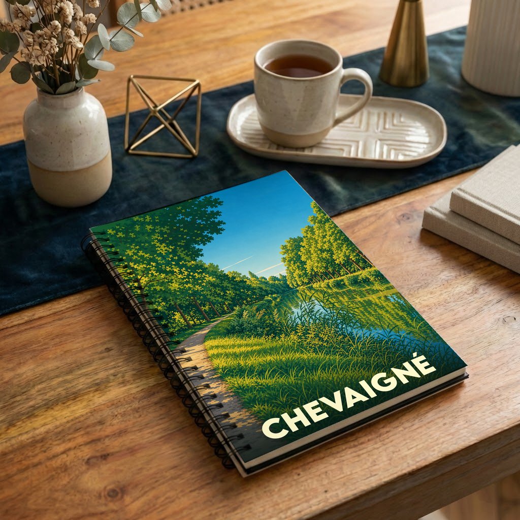 Carnet souvenir de la ville de Chevaigné avec une illustration stylisée représentant un paysage de bord de rivière.