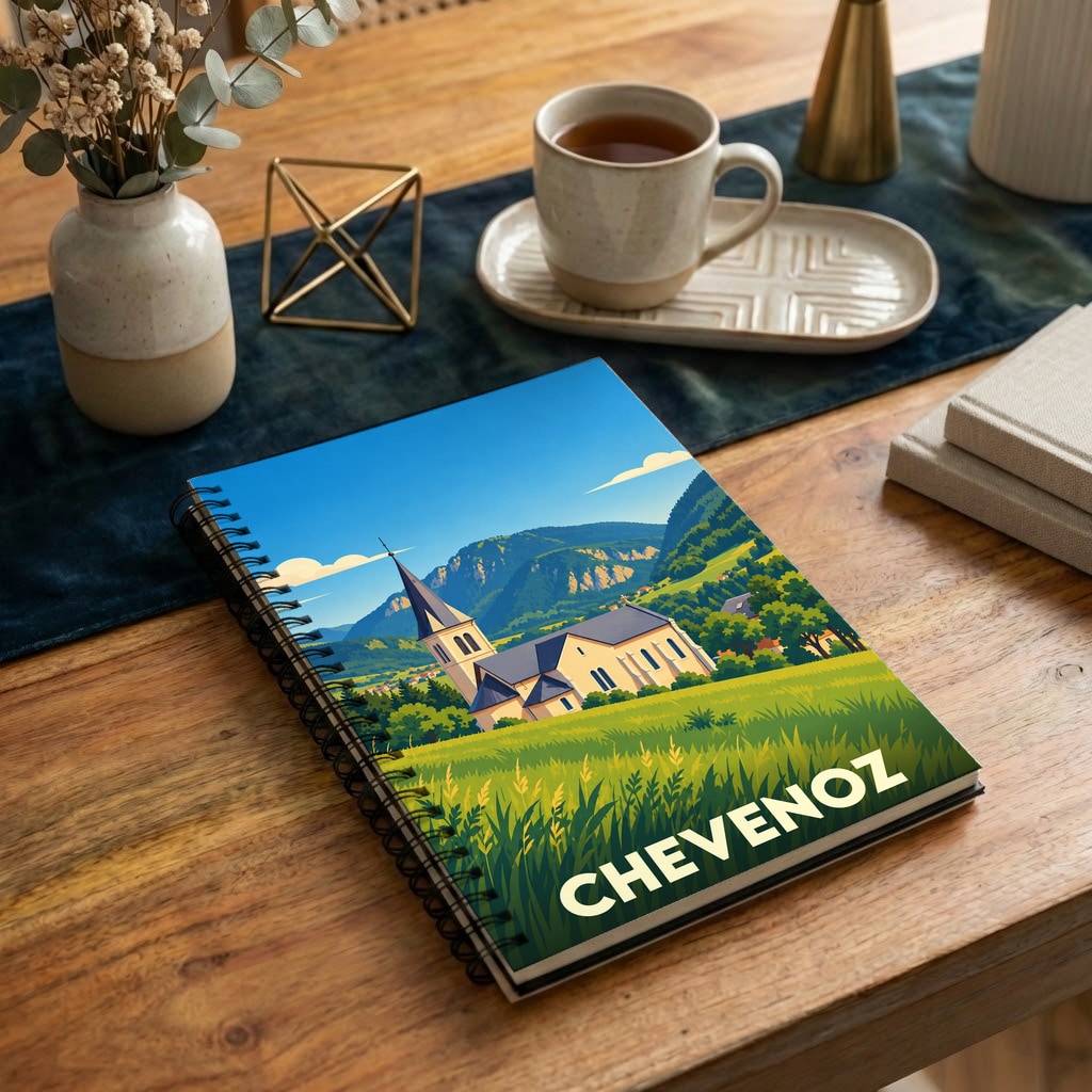 Carnet souvenir de la ville de Chevenoz avec une illustration stylisée d'une église de montagne.