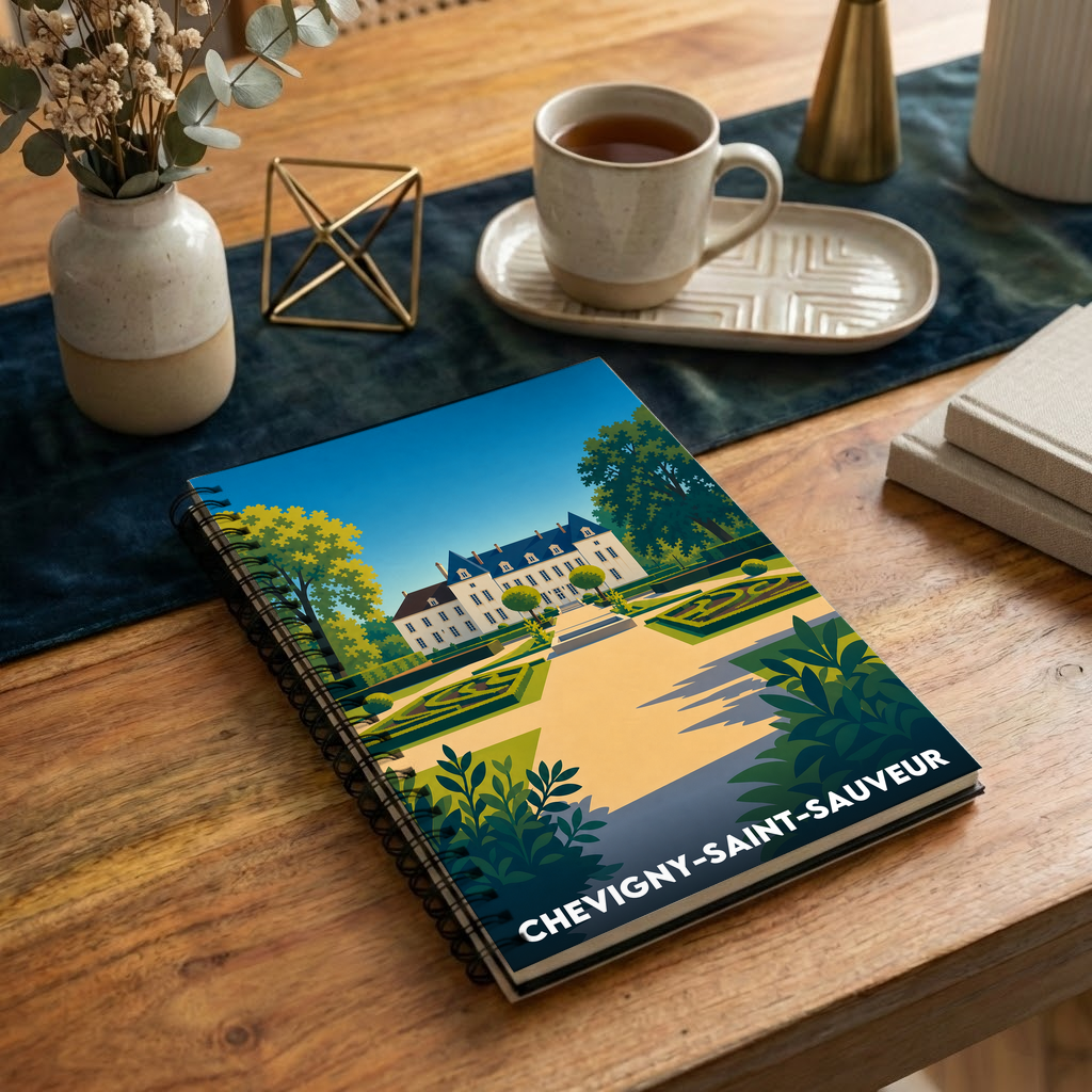 Carnet à spirales souvenir de Chevigny-Saint-Sauveur avec une illustration stylisée de son château et ses jardins.