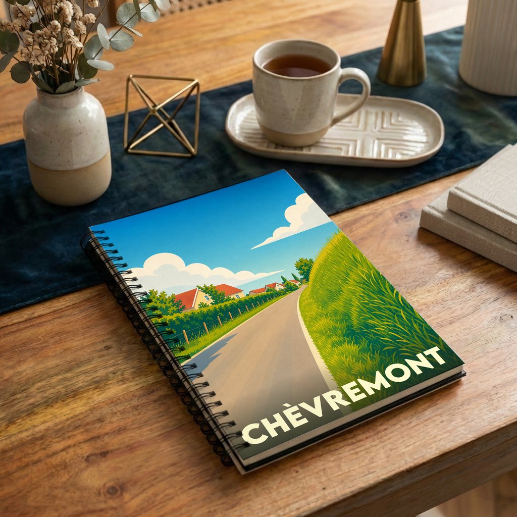 Carnet à spirales souvenir de la ville de Chèvremont avec une illustration stylisée de paysages vallonnés.
