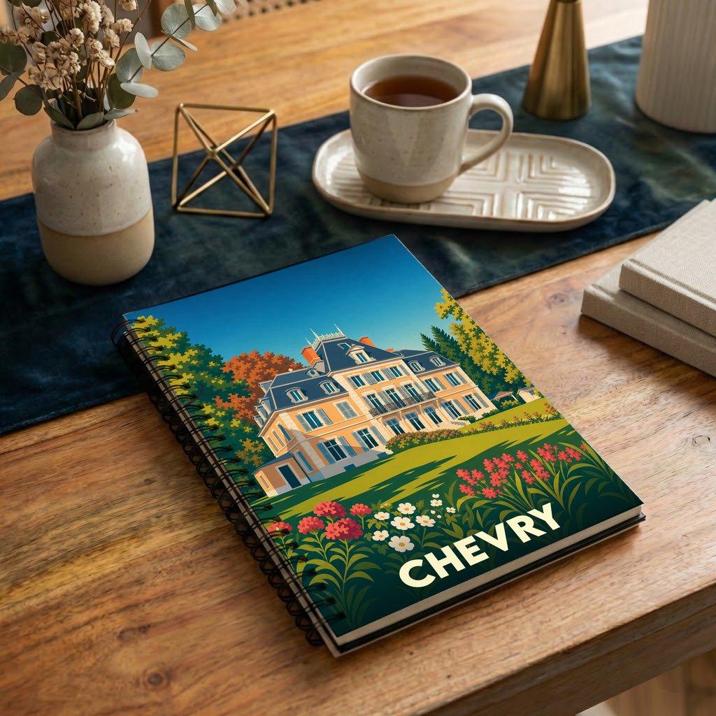 Carnet de notes souvenir de la ville de Chevry orné d'une illustration stylisée d'un château.