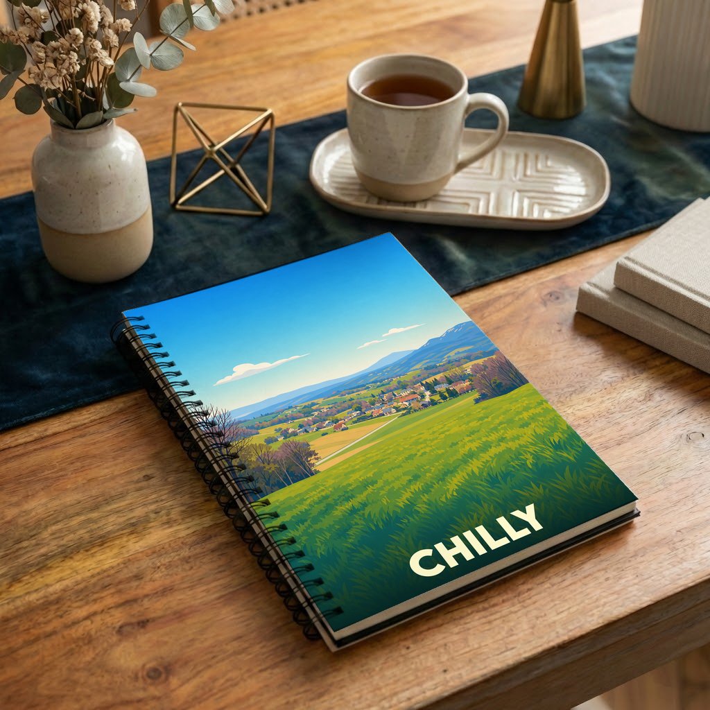 Carnet souvenir de la ville de Chilly avec une illustration stylisée d'un paysage de campagne vallonné.