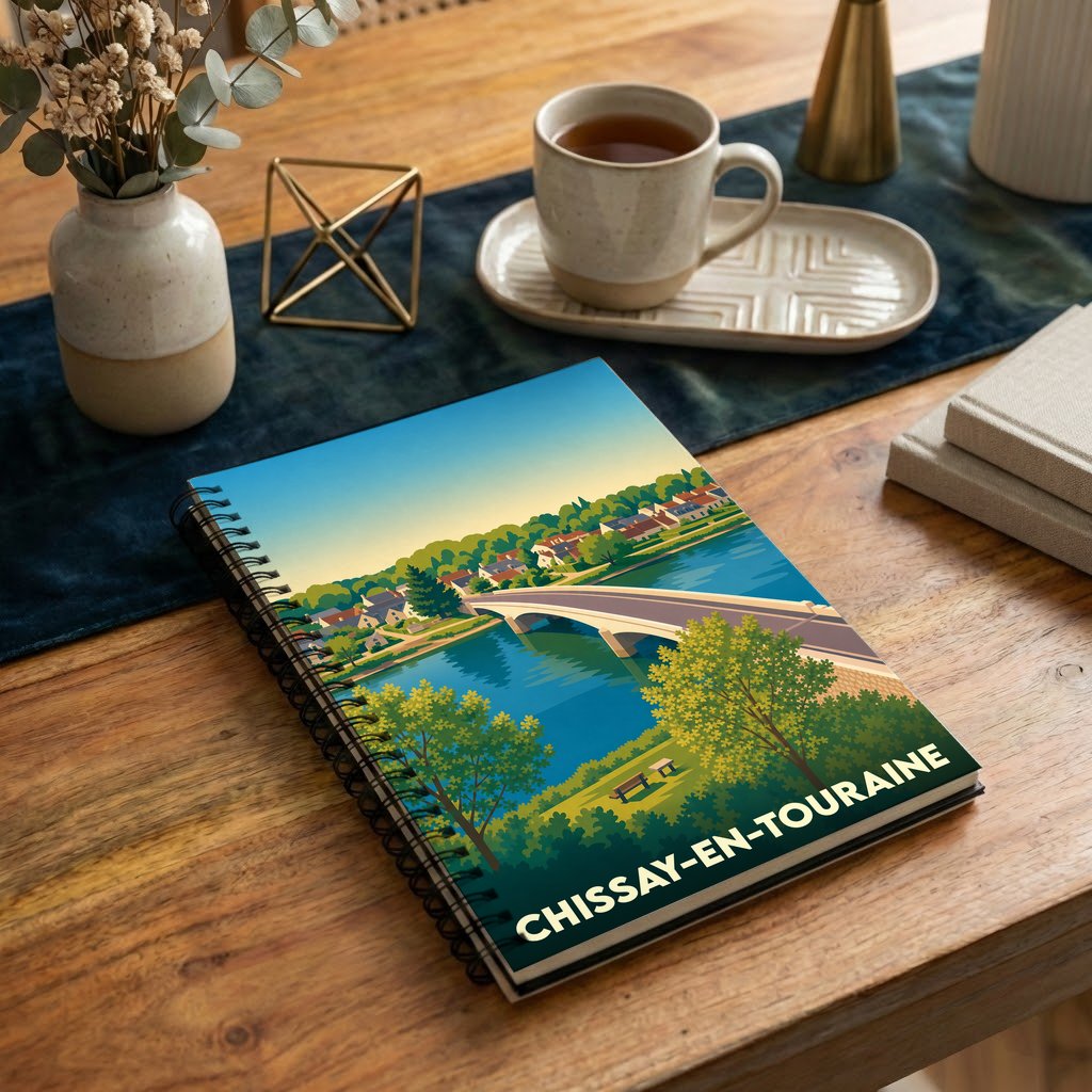 Carnet souvenir de la ville de Chissay-en-Touraine avec une illustration stylisée de son pont et de la rivière.