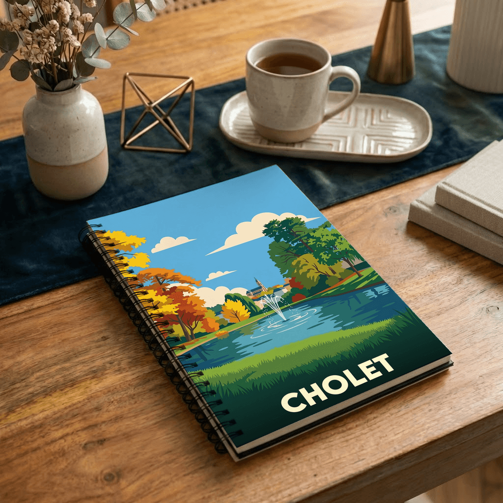 Carnet souvenir de la ville de Cholet avec une illustration stylisée d'un parc et de son étang.