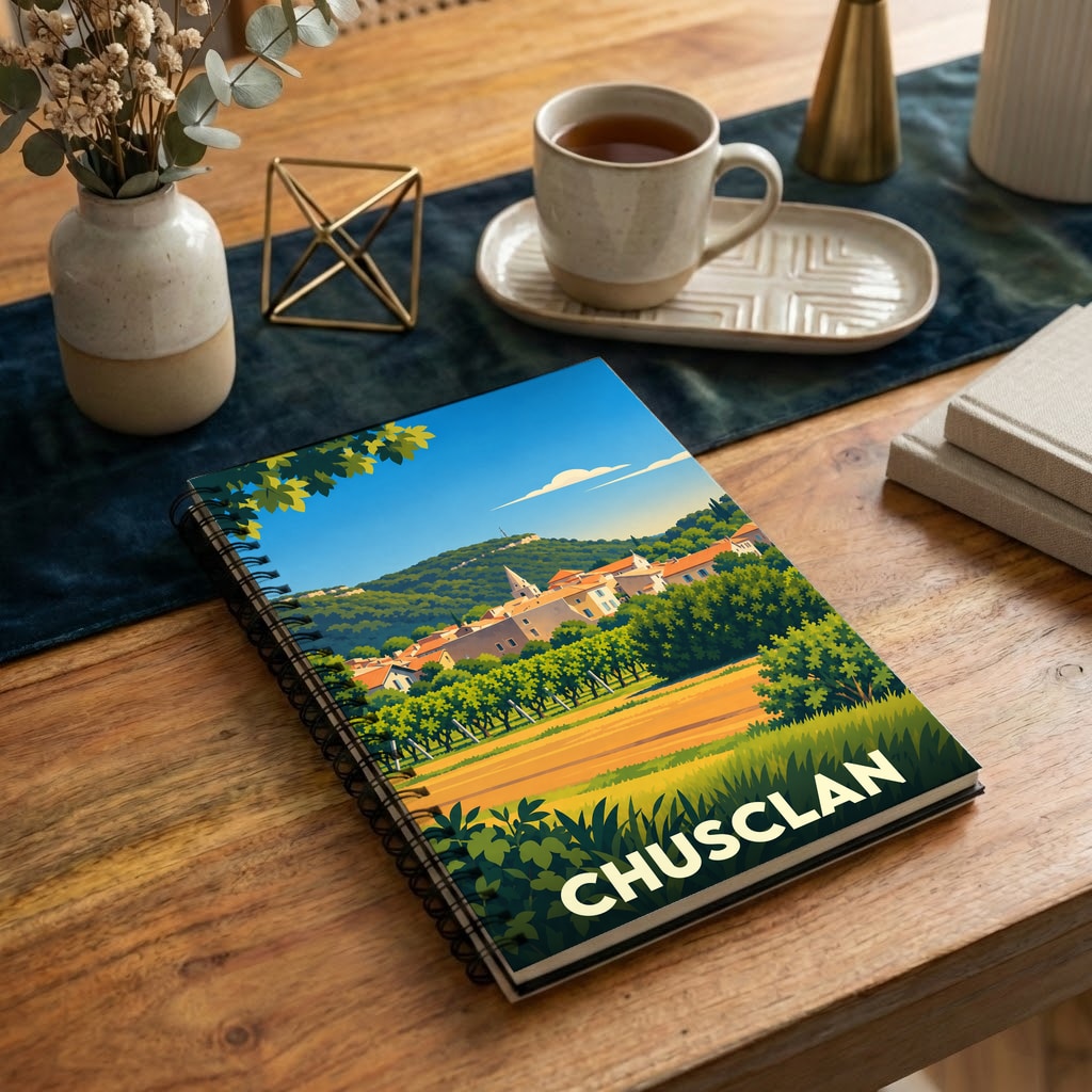 Carnet souvenir de la ville de Chusclan avec une illustration stylisée de son paysage provençal.