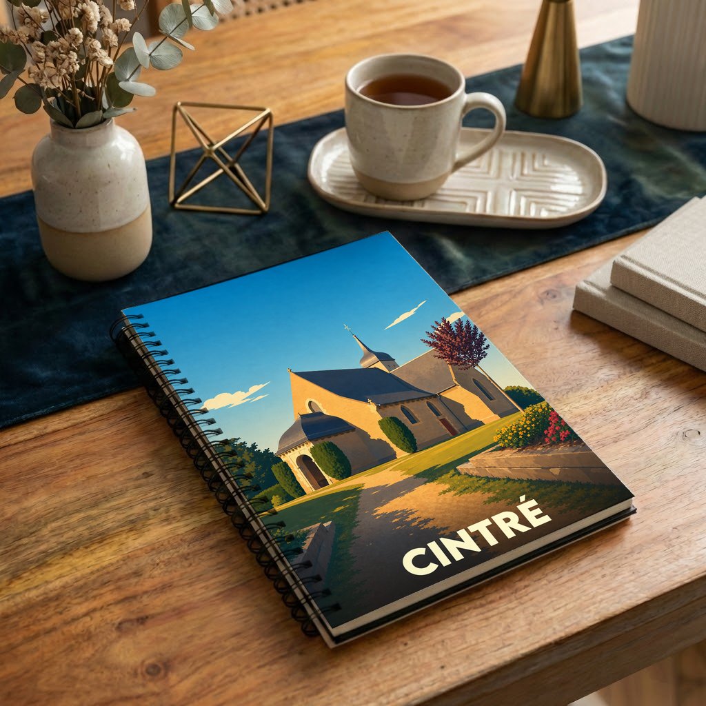Carnet souvenir de la ville de Cintré avec une illustration stylisée de son église sous un ciel bleu.