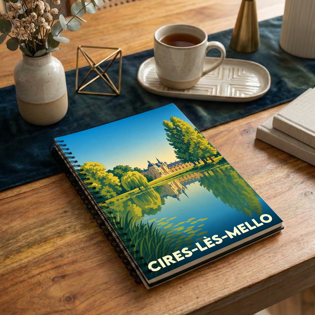 Carnet souvenir de la ville de Cires-lès-Mello avec une illustration stylisée d'un château se reflétant dans l'eau.