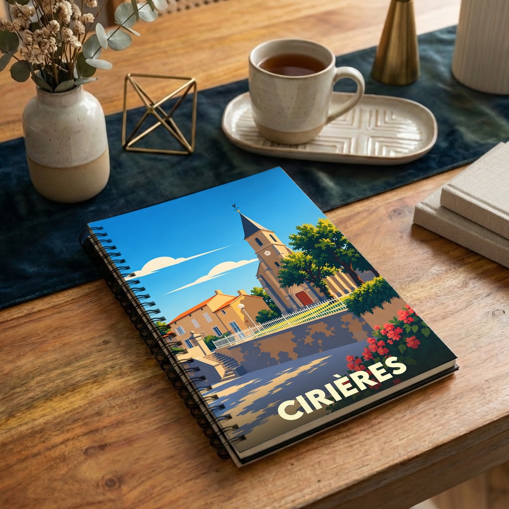Carnet souvenir de la ville de Cirières avec une illustration stylisée.