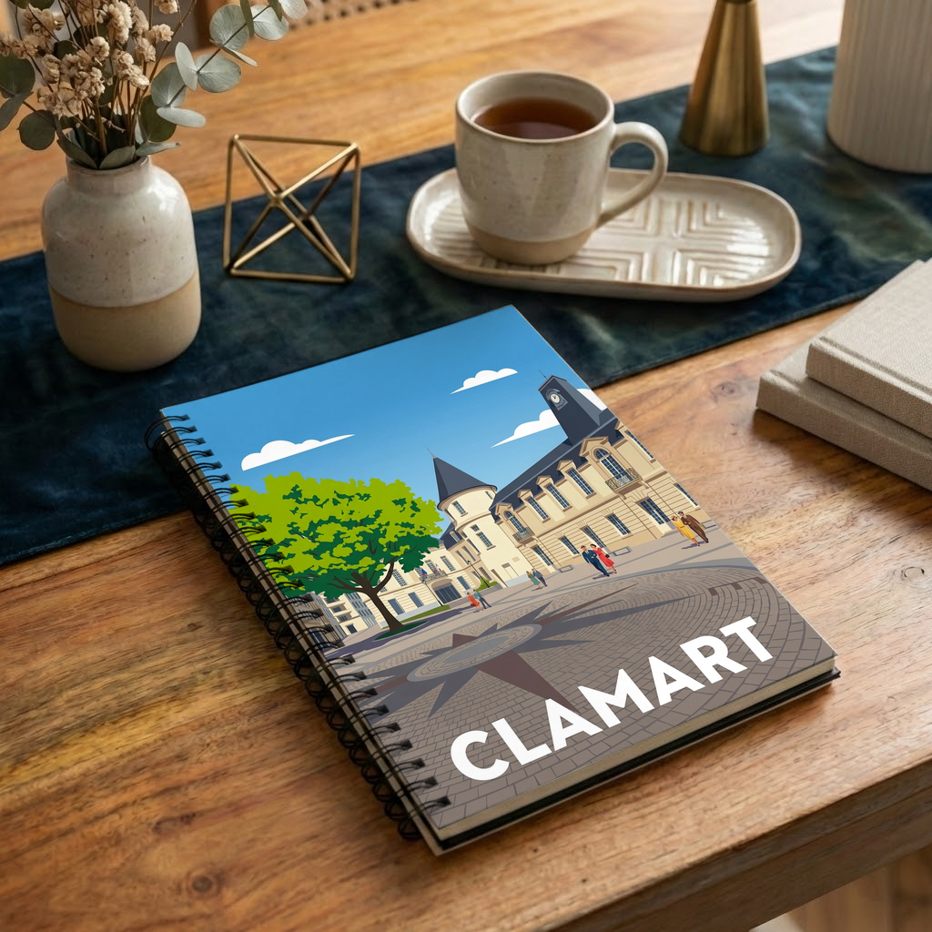 Carnet souvenir de la ville de Clamart avec une illustration stylisée de sa place de la mairie.