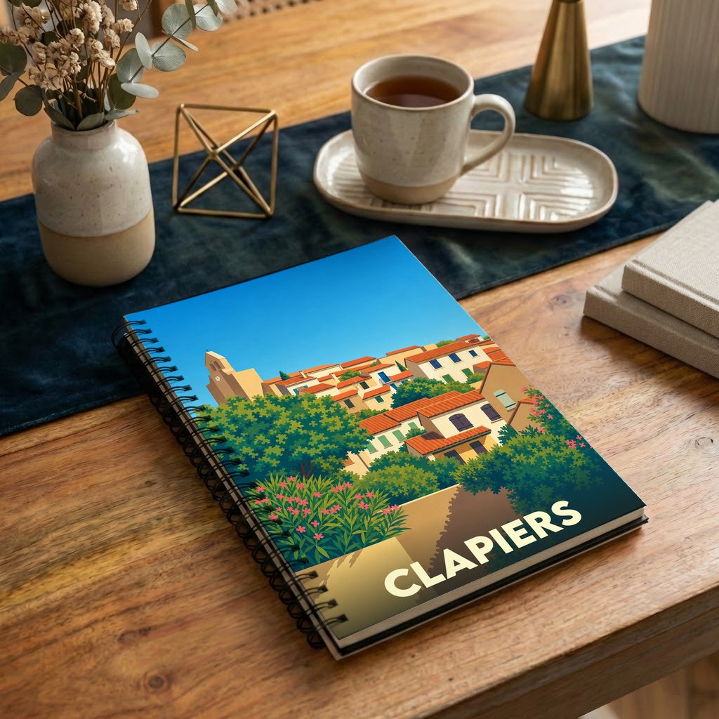 Carnet à spirales souvenir de la ville de Clapiers avec une illustration stylisée d'un village méditerranéen.
