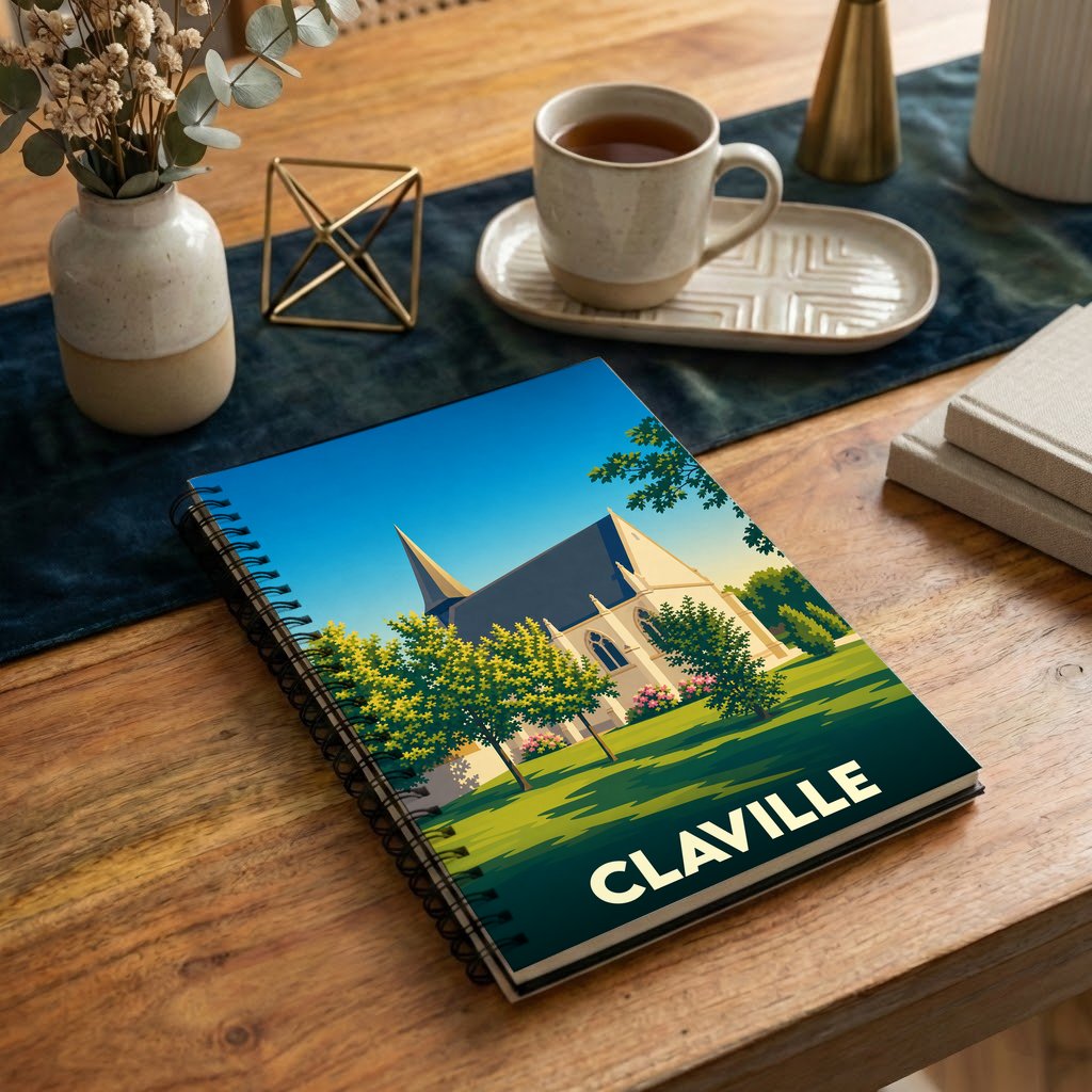 Carnet souvenir de la ville de Claville avec une illustration stylisée d'une église sous un ciel bleu.
