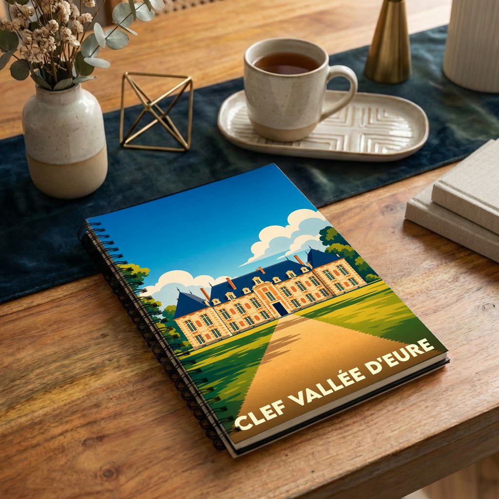 Carnet à spirales souvenir de Clef Vallée d'Eure avec une illustration stylisée de château.