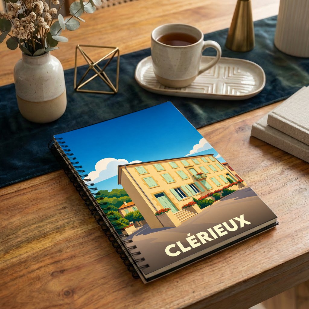 Carnet de notes souvenir de la ville de Clérieux avec une illustration stylisée.