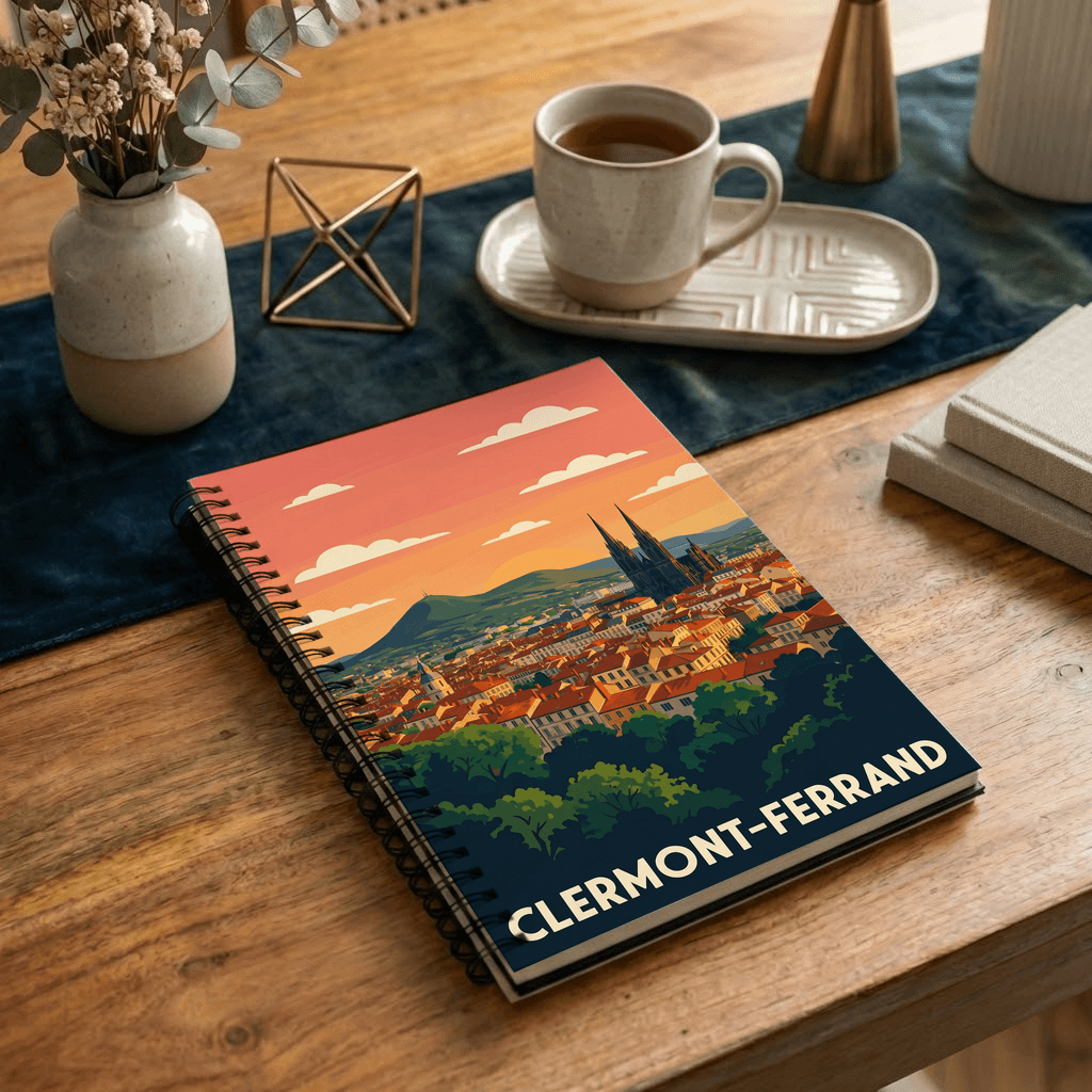 Carnet souvenir de la ville de Clermont-Ferrand avec une illustration stylisée.