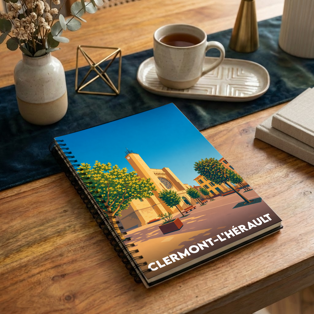 Carnet souvenir de la ville de Clermont-l'Hérault avec une illustration stylisée.