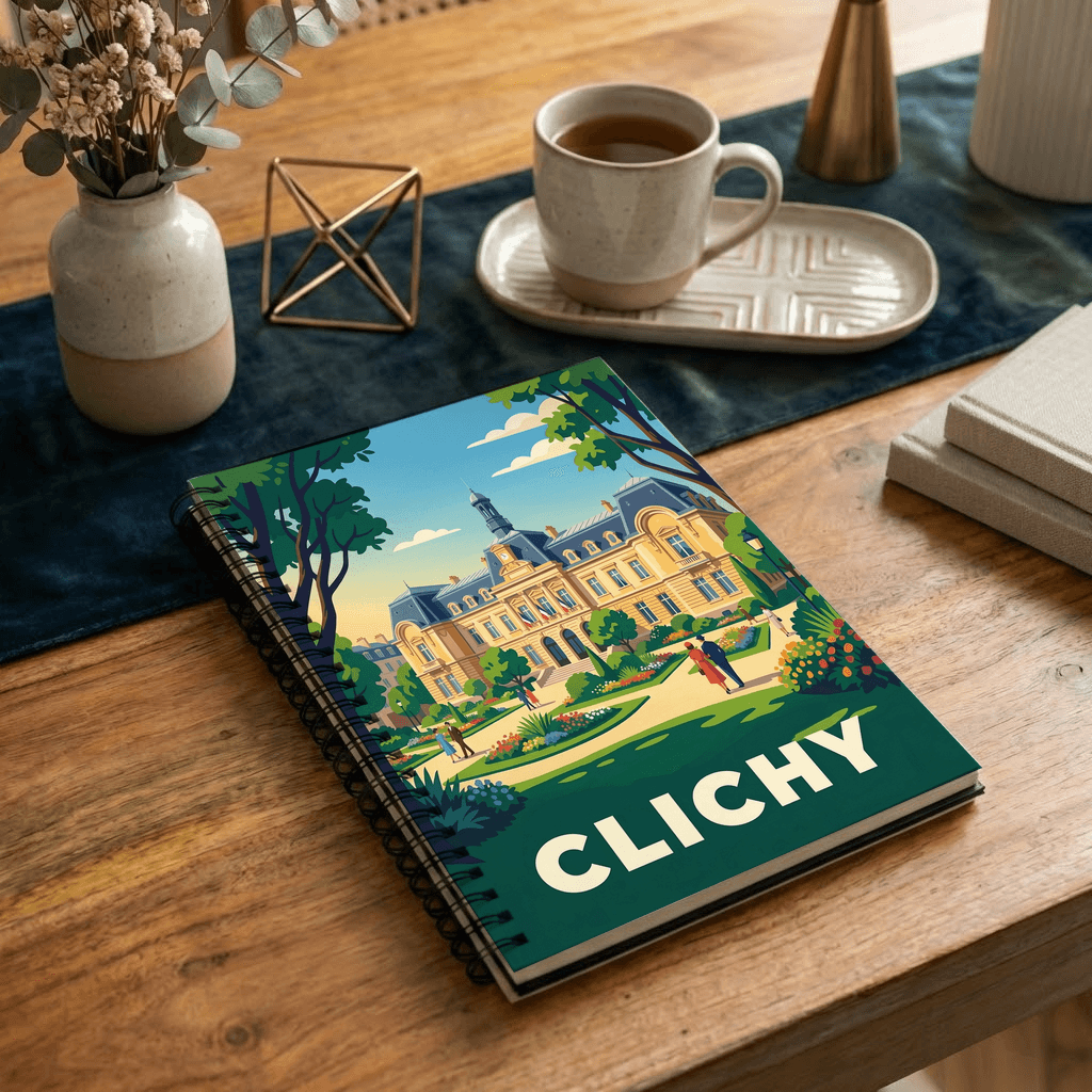 Carnet souvenir de la ville de Clichy avec une illustration stylisée de sa mairie.