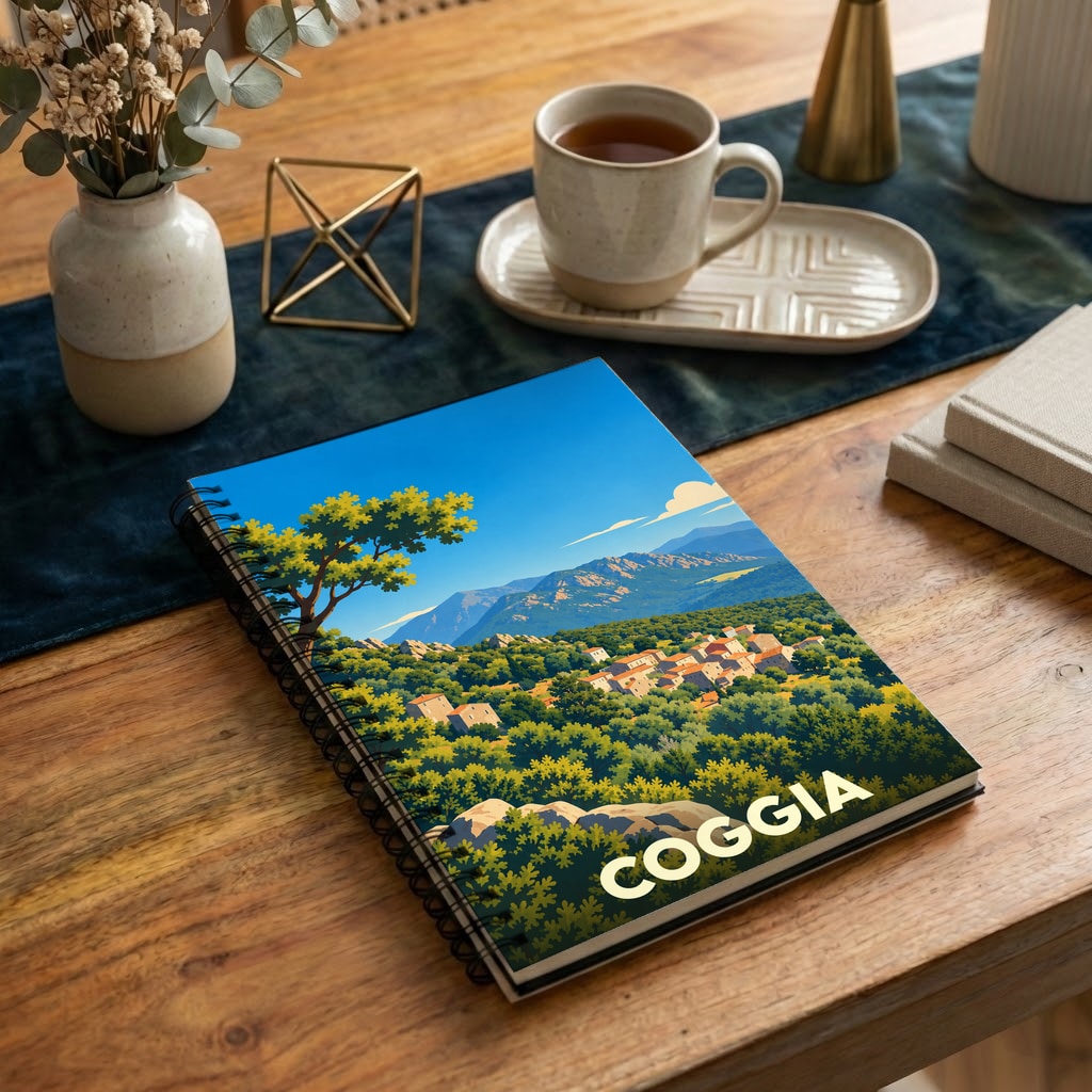 Carnet souvenir de la ville de Coggia avec une illustration stylisée d'un paysage montagneux.