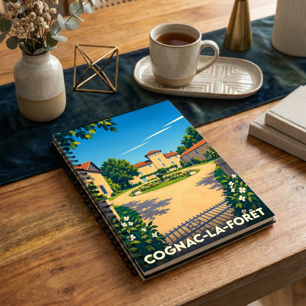 Carnet souvenir de la ville de Cognac-la-Forêt avec une illustration stylisée d'un château.
