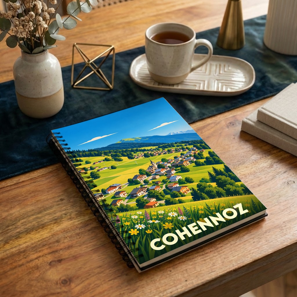 Carnet à spirales souvenir de la ville de Cohennoz avec une illustration stylisée d'un paysage de montagne.