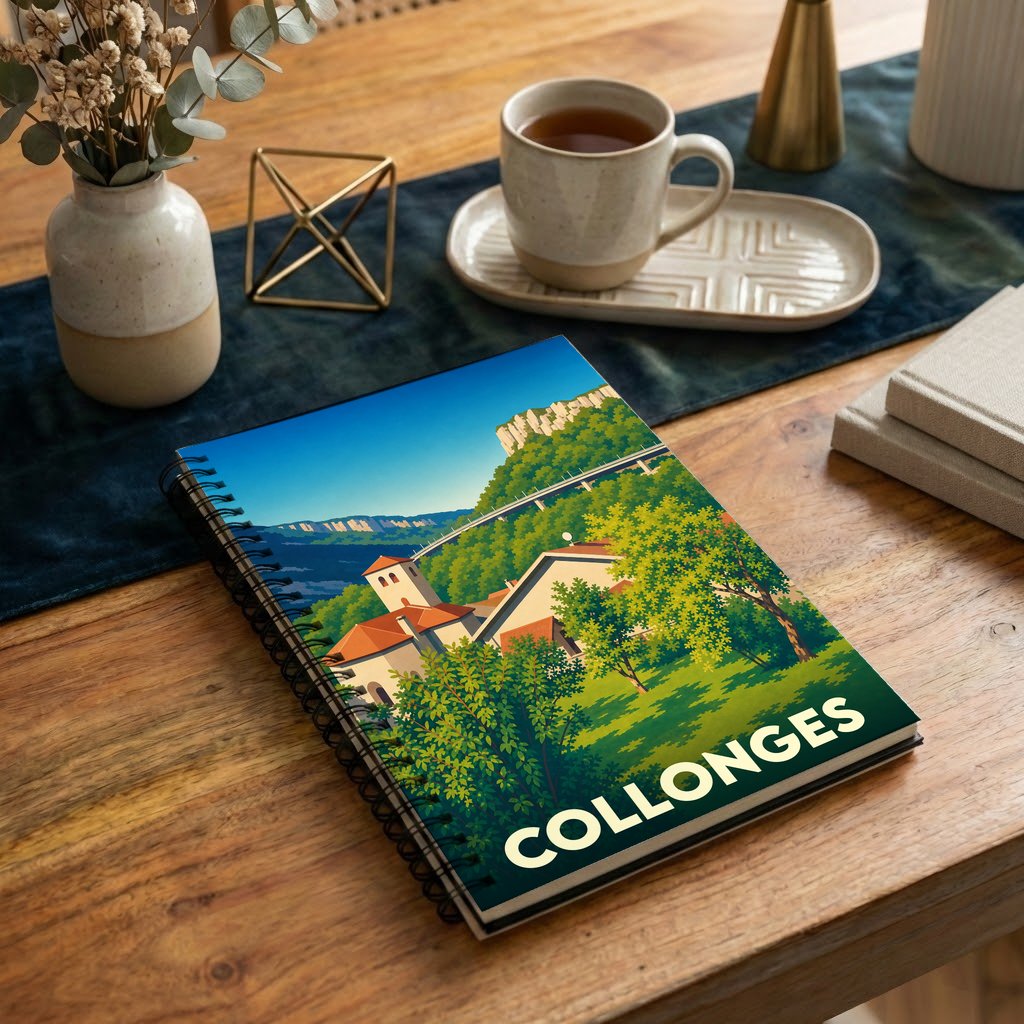 Carnet à spirales souvenir de la ville de Collonges avec une illustration paysagère stylisée.