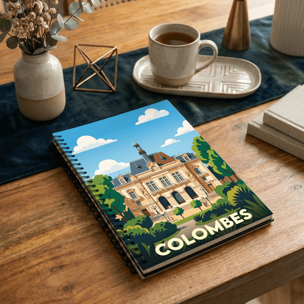 Carnet souvenir de la ville de Colombes avec une illustration stylisée de son hôtel de ville.